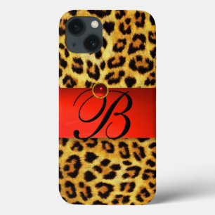 PRINTED LEOPARD FUR RED RUBY GEMSTONE MONOGRAM, iPhone 13 CASE
