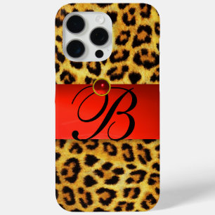 PRINTED LEOPARD FUR RED RUBY GEMSTONE MONOGRAM, iPhone 15 PRO MAX CASE