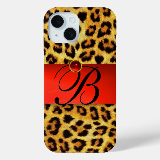 PRINTED LEOPARD FUR RED RUBY GEMSTONE MONOGRAM, Case-Mate iPhone CASE (Back)