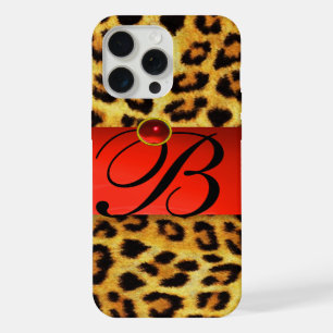 PRINTED LEOPARD FUR RED RUBY GEMSTONE MONOGRAM, iPhone 15 PRO MAX CASE