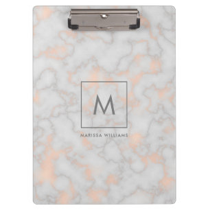 Printed Marble and Rose Gold Texture Monogram Clipboard