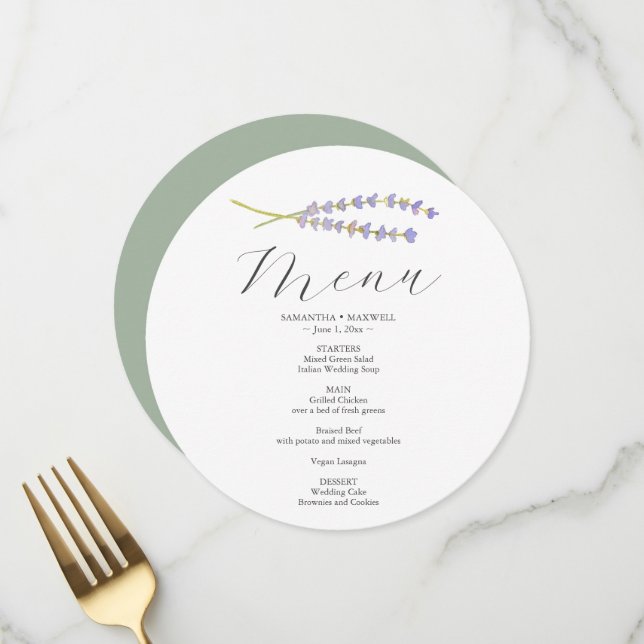 Printed Menu Cards for Weddings Lavender (Front/Back In Situ)