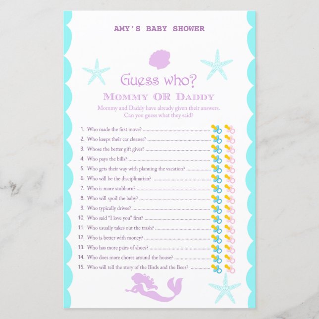 Printed Mermaid Baby Shower Game (Front)