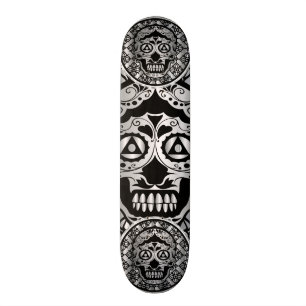 Printed metallic silver effect sugar skull style o skateboard