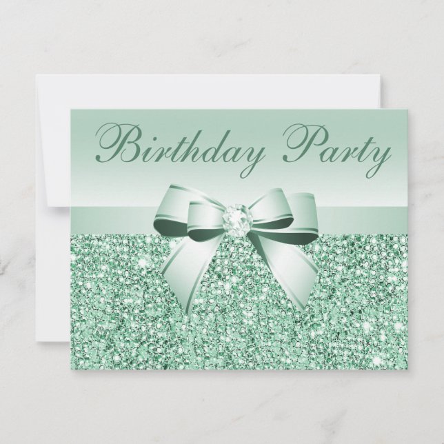 Printed Mint Green Sequins, Bow & Diamond Birthday Invitation (Front)