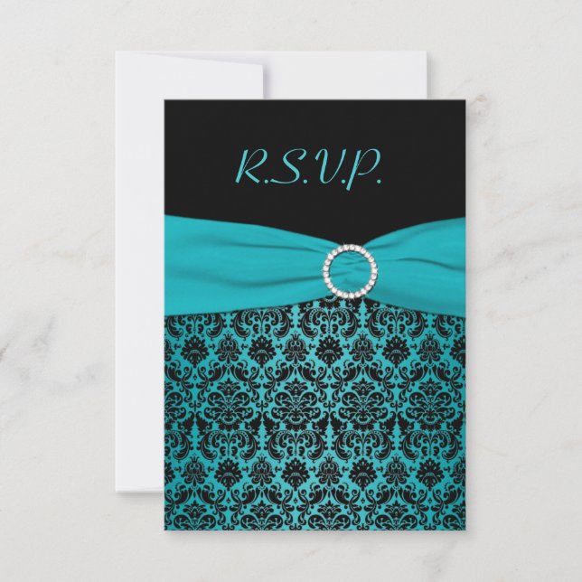 PRINTED RIBBON Aqua, Black Damask Reply Card (Front)