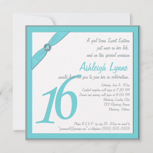 PRINTED RIBBON Aqua, Grey Sweet 16 Invite (Front)