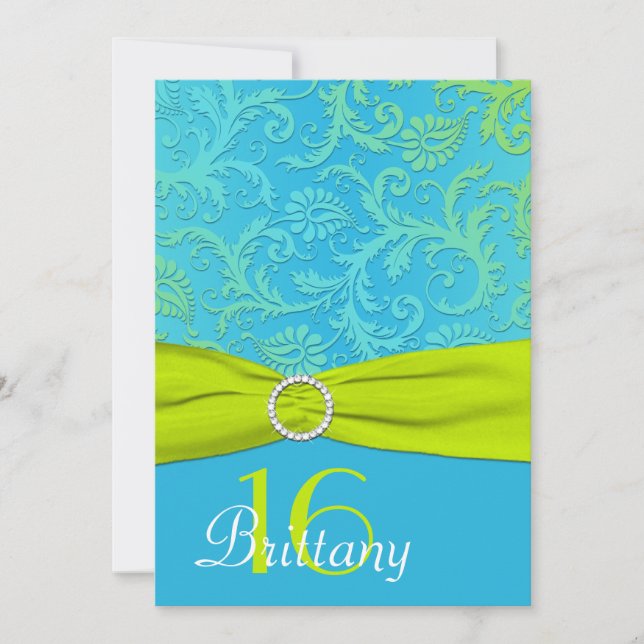PRINTED RIBBON Aqua, Lime Sweet 16 Invite (Front)