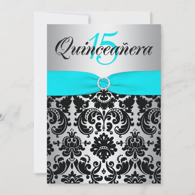 PRINTED RIBBON Aqua Silver Black Quinceanera Invitation (Front)