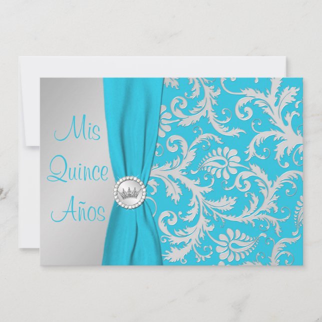 PRINTED RIBBON Aqua, Silver Photo Quinceanera Invitation (Front)