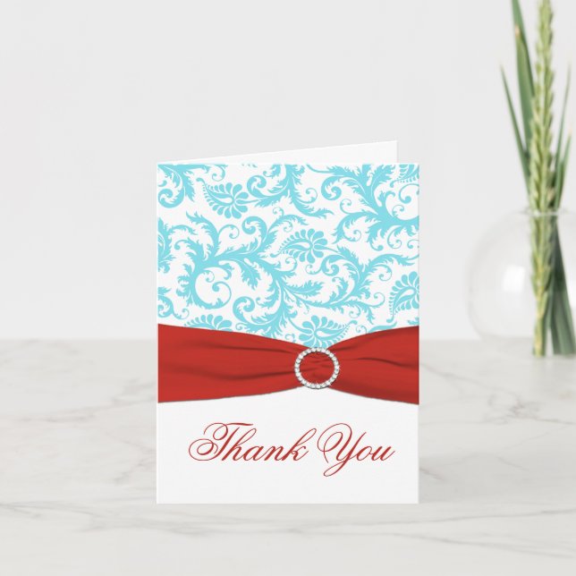 PRINTED RIBBON Aqua White Red Damask Thank You (Front)