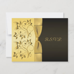PRINTED RIBBON Black, Gold Floral RSVP Card