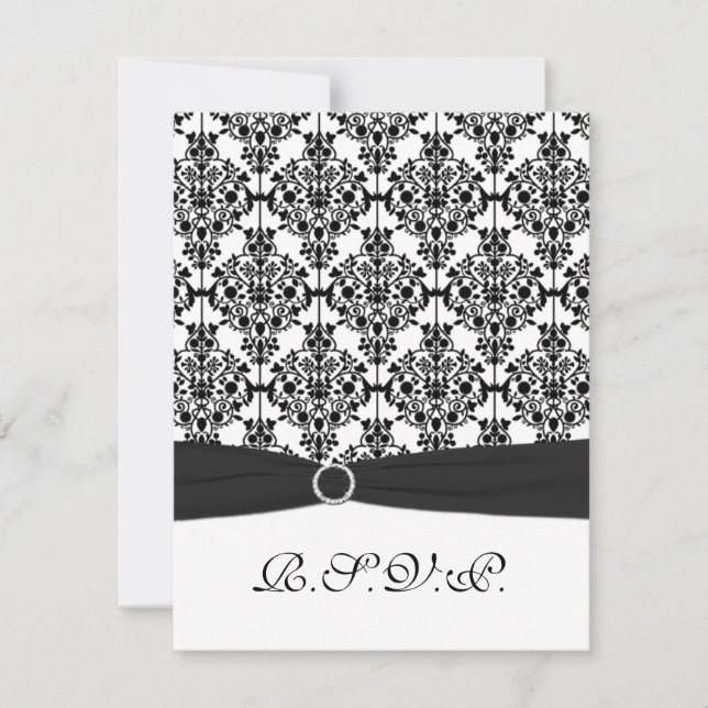 PRINTED RIBBON Black, White Damask II RSVP Card (Front)
