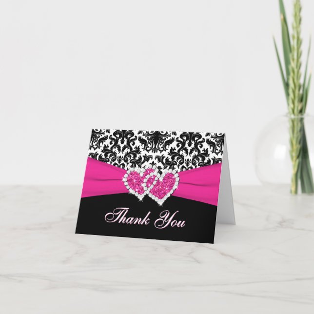 PRINTED RIBBON Black White Pink Thank You Card (Front)