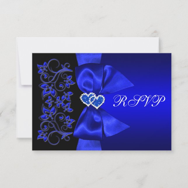 PRINTED RIBBON Blue, Black Floral Wedding RSVP Card (Front)