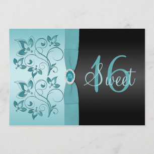 PRINTED RIBBON Blue, Black Sweet 16 invite