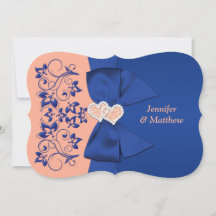 PRINTED RIBBON Blue, Peach Floral Wedding Invite