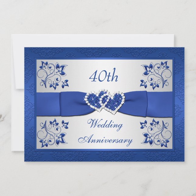 PRINTED RIBBON Blue Silver Floral 40th Anniversary Invitation (Front)
