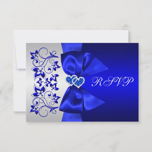 PRINTED RIBBON Blue, Silver Floral Wedding RSVP Card (Front)
