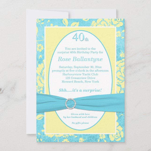 PRINTED RIBBON Blue Yellow 40th Birthday Invite (Front)