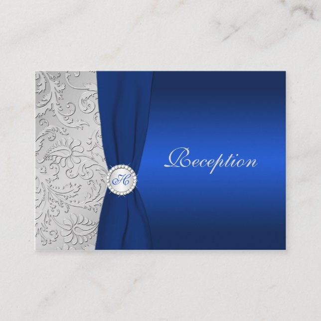 PRINTED RIBBON Navy Silver Damask Enclosure Card (Front)