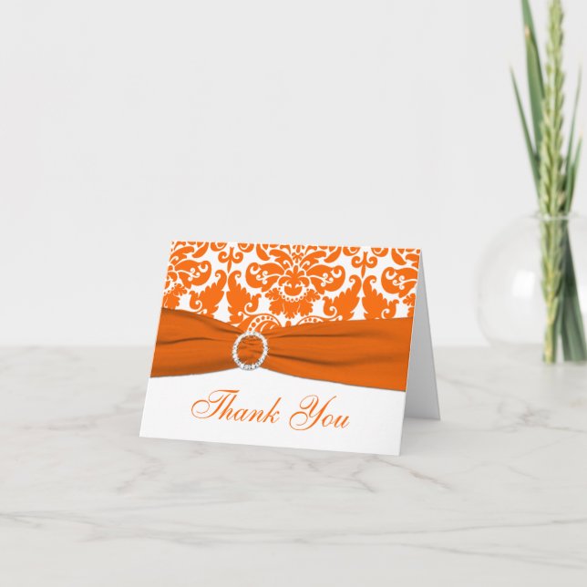 PRINTED RIBBON Orange, White Damask Thank You Card (Front)