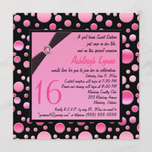 PRINTED RIBBON Pink, Black Dots Sweet 16 Invite