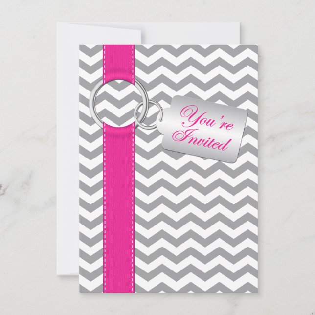 PRINTED RIBBON Pink Grey White Graduation Invite (Front)