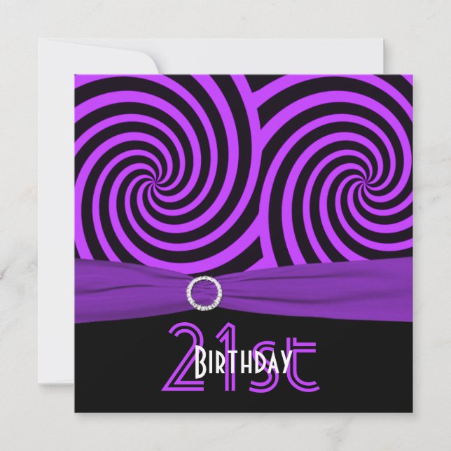 PRINTED RIBBON Purple, Black Swirls 21st Birthday Invitation (Front)
