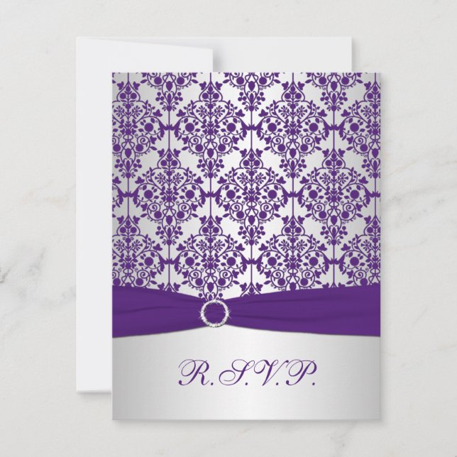 PRINTED RIBBON Purple, Silver Damask Reply Card (Front)