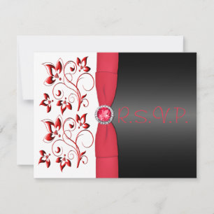 PRINTED RIBBON Red, Black, White Floral RSVP Card