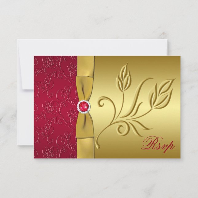 PRINTED RIBBON Red, Gold Floral RSVP Card (Front)