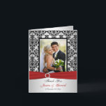 PRINTED RIBBON Red Grey Black Photo Thank You Card<br><div class="desc">This black and silver grey damask photo thankyou card has a PRINTED red ribbon with a PRINTED diamond jewel buckle on it that matches the wedding invitations shown below. Replace the template photo with your own digital photo before ordering. If you need help getting your photo to fit nicely, email...</div>