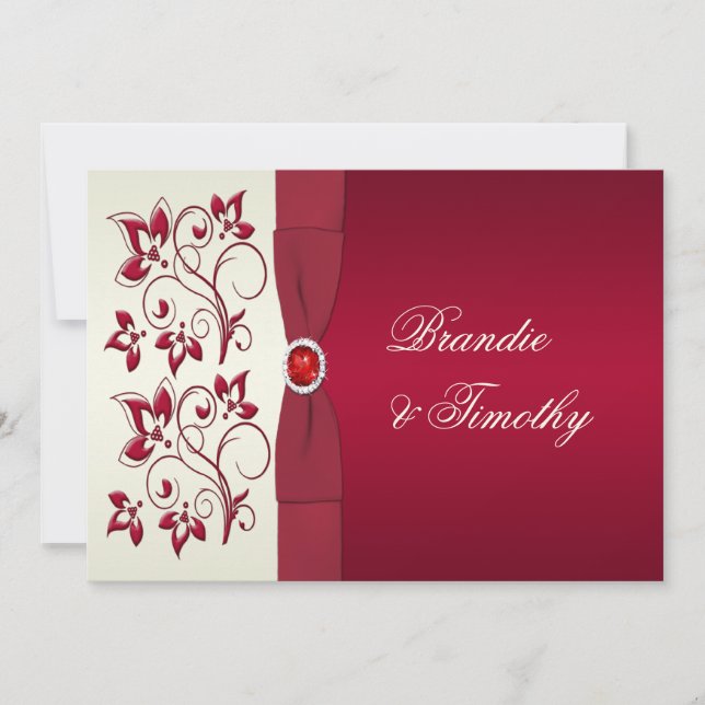 PRINTED RIBBON Red, Ivory Floral Wedding Invit Invitation (Front)