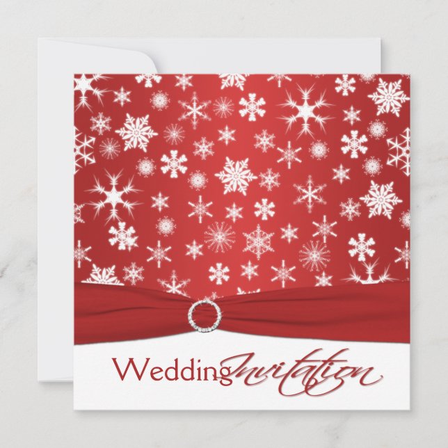 PRINTED RIBBON Red White Snowflakes Wedding Invite (Front)
