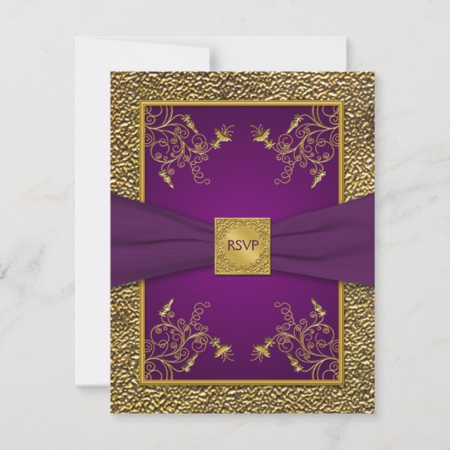 PRINTED RIBBON Royal Purple, Gold RSVP Card (Front)