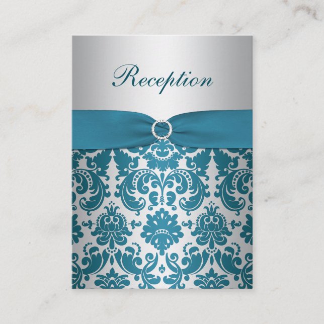 PRINTED RIBBON Silver, Teal Damask Enclosure Card (Front)