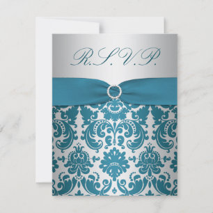 PRINTED RIBBON Silver, Teal Damask Reply Card