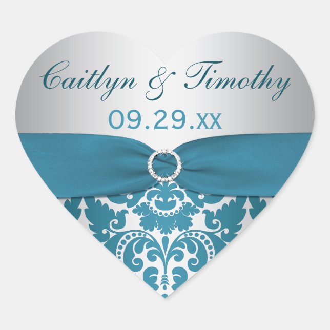 PRINTED RIBBON Silver, Teal Damask Wedding Sticker (Front)
