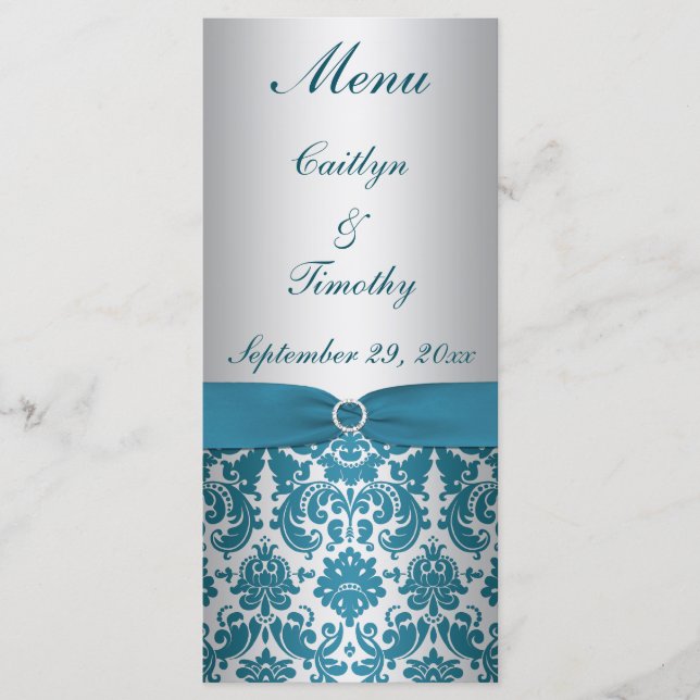 PRINTED RIBBON Silver, Teal Wedding Menu Card (Front)