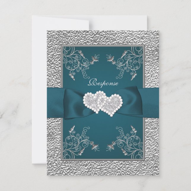 PRINTED RIBBON Teal, Grey Joined Hearts RSVP Card (Front)