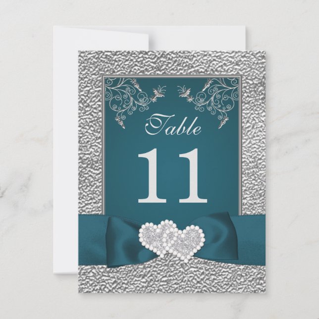 PRINTED RIBBON Teal Grey Joined Hearts Table Card (Front)
