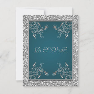 PRINTED RIBBON Teal on FAUX Pewter RSVP Card