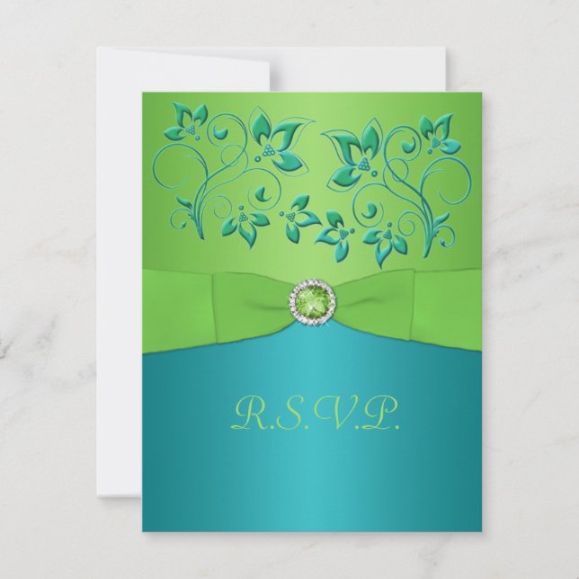 PRINTED RIBBON Turquoise, Lime Floral RSVP Card (Front)