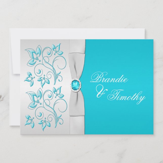 PRINTED RIBBON Turquoise, Silver Floral Wedding Invitation (Front)