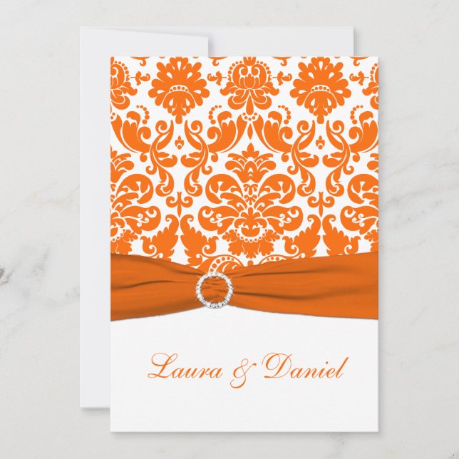 PRINTED RIBBON White, Orange Damask Wedding Invite (Front)