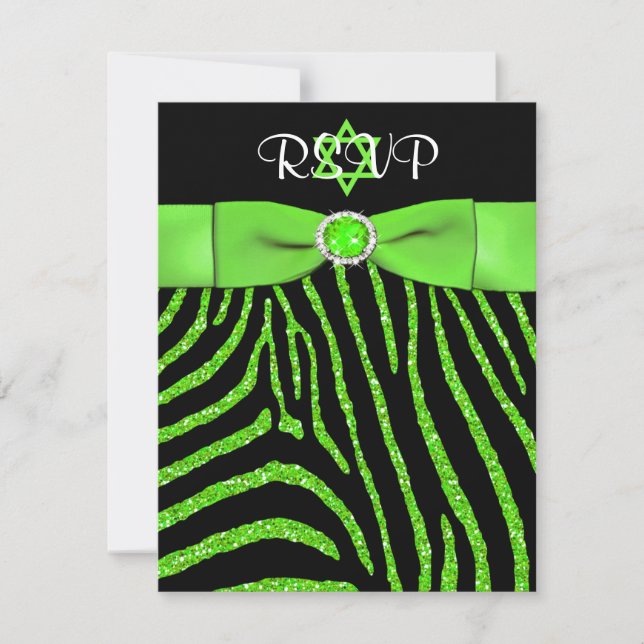 PRINTED RIBBON Zebra, Lime FAUX Glitter RSVP Card (Front)