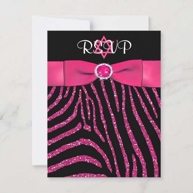 PRINTED RIBBON Zebra, Pink FAUX Glitter RSVP Card (Front)