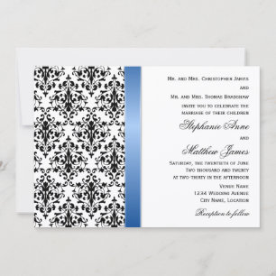 Printed Royal Blue Ribbon and Damask Wedding Invitation