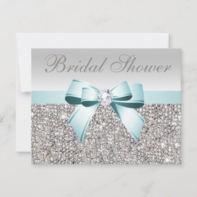 Printed Silver Sequin Teal Bow Image Bridal Shower Invitation (Front)